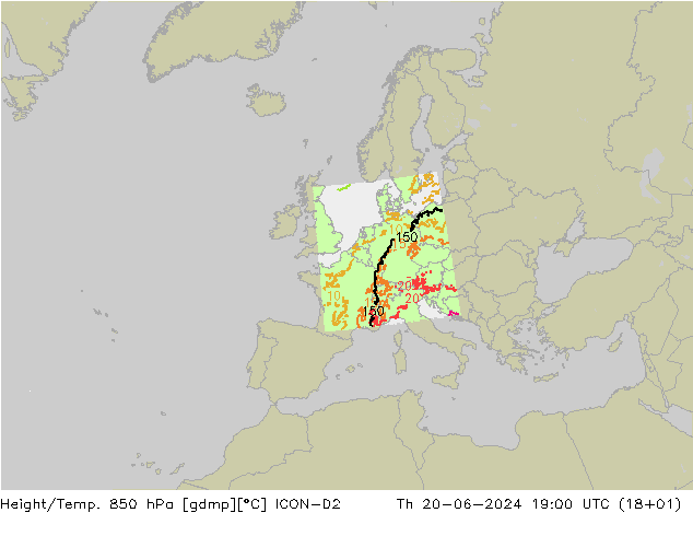 Height/Temp. 850 hPa ICON-D2 Čt 20.06.2024 19 UTC