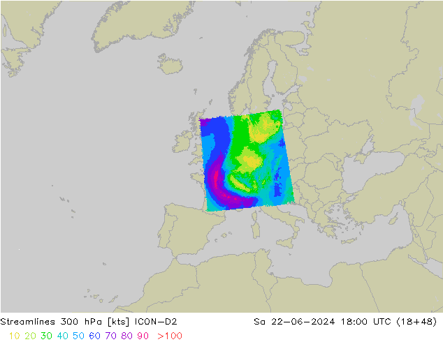 ветер 300 гПа ICON-D2 сб 22.06.2024 18 UTC