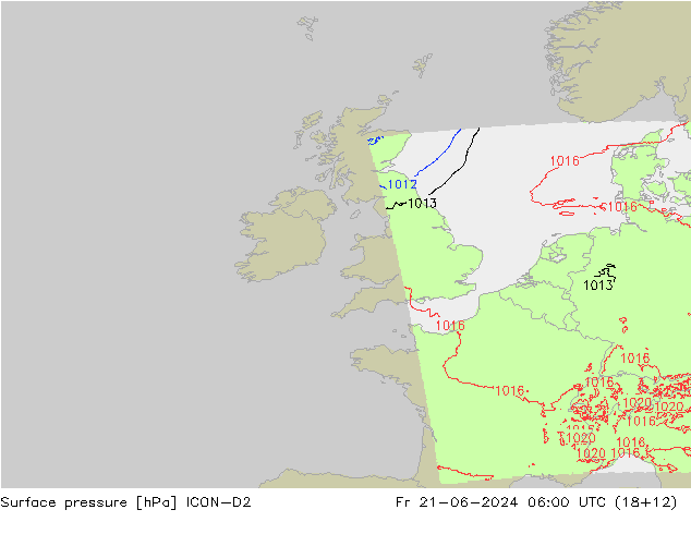 Presión superficial ICON-D2 vie 21.06.2024 06 UTC