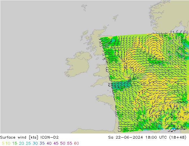 Surface wind ICON-D2 Sa 22.06.2024 18 UTC