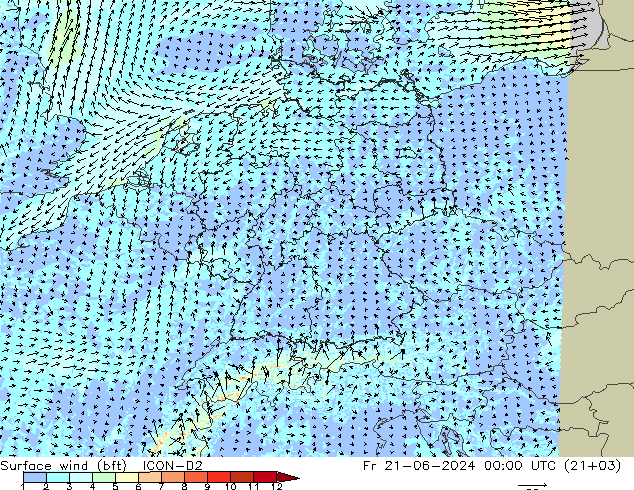 Surface wind (bft) ICON-D2 Fr 21.06.2024 00 UTC