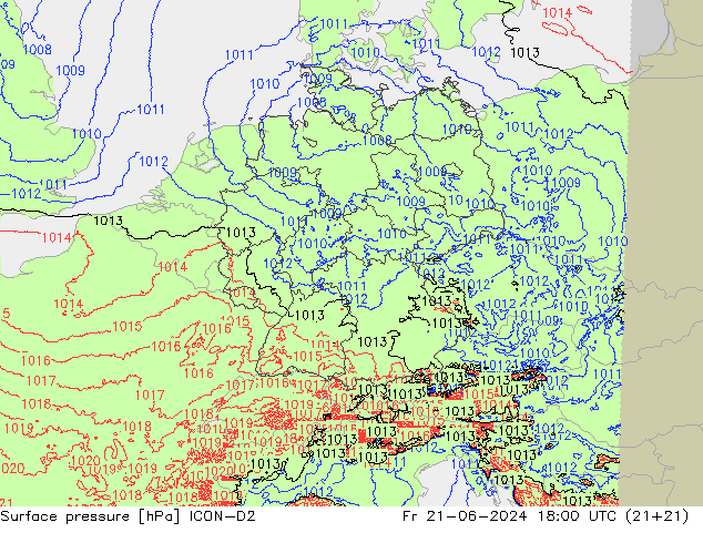 地面气压 ICON-D2 星期五 21.06.2024 18 UTC