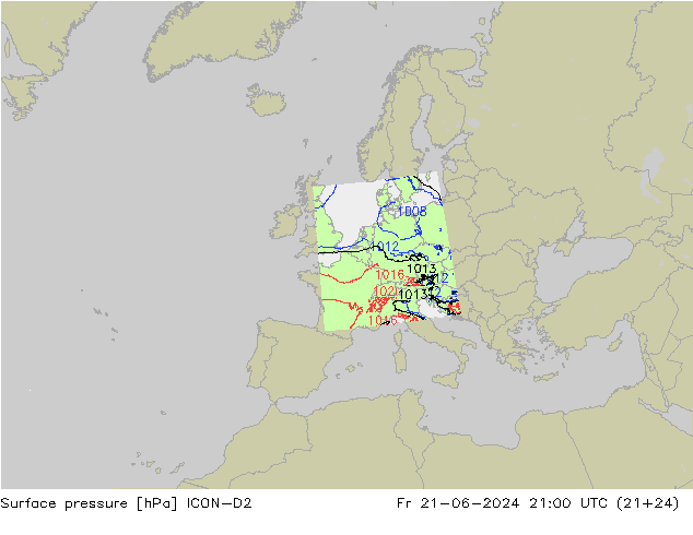 Pressione al suolo ICON-D2 ven 21.06.2024 21 UTC