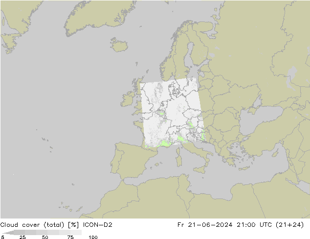 Cloud cover (total) ICON-D2 Pá 21.06.2024 21 UTC