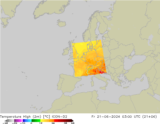Temperature High (2m) ICON-D2 Fr 21.06.2024 03 UTC