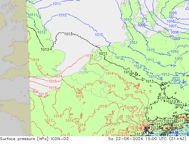 Atmosférický tlak ICON-D2 So 22.06.2024 15 UTC