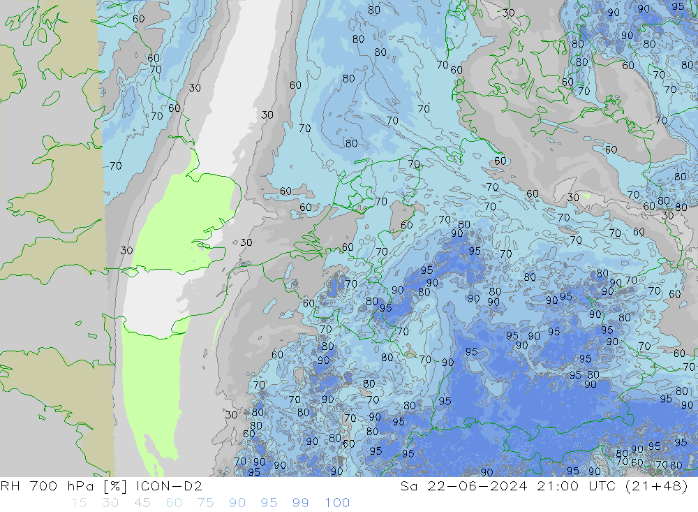 Humidité rel. 700 hPa ICON-D2 sam 22.06.2024 21 UTC