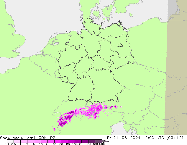 Snow accu. ICON-D2 Fr 21.06.2024 12 UTC