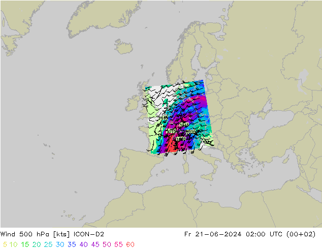 风 500 hPa ICON-D2 星期五 21.06.2024 02 UTC