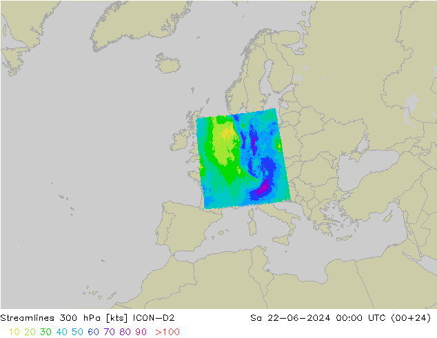 风 300 hPa ICON-D2 星期六 22.06.2024 00 UTC