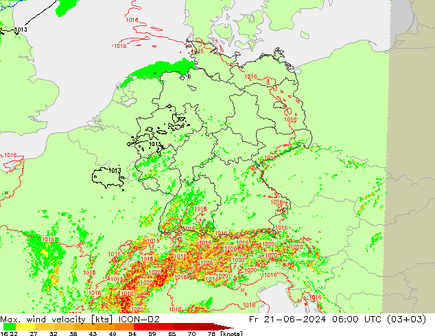 Max. wind velocity ICON-D2 星期五 21.06.2024 06 UTC