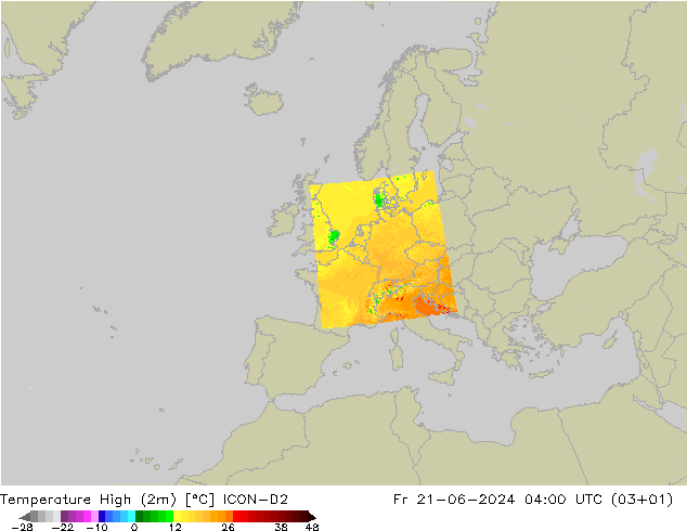 Temperature High (2m) ICON-D2 星期五 21.06.2024 04 UTC