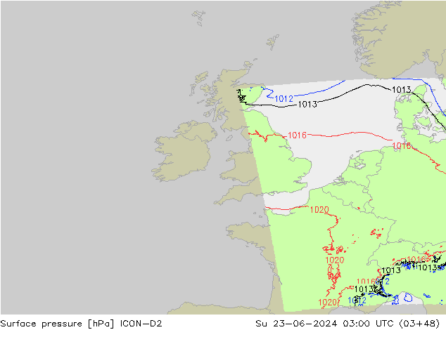 Luchtdruk (Grond) ICON-D2 zo 23.06.2024 03 UTC