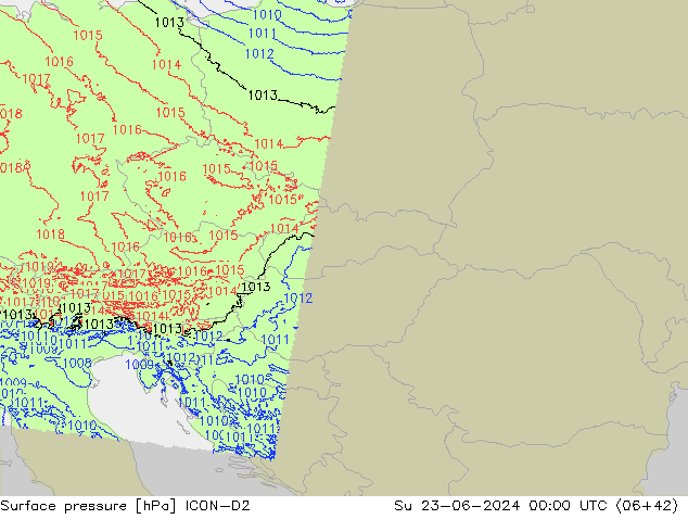 Pressione al suolo ICON-D2 dom 23.06.2024 00 UTC