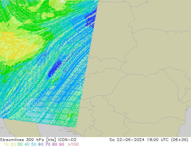 Línea de corriente 300 hPa ICON-D2 sáb 22.06.2024 18 UTC