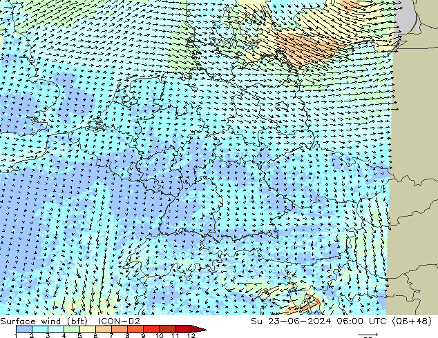 Surface wind (bft) ICON-D2 Su 23.06.2024 06 UTC