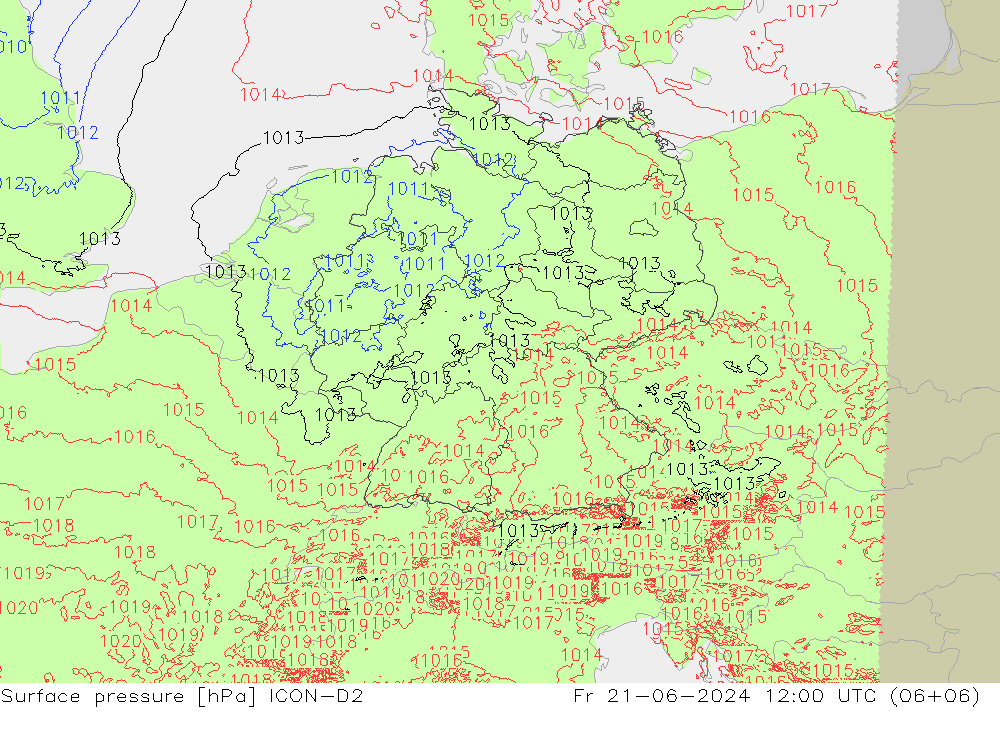 Atmosférický tlak ICON-D2 Pá 21.06.2024 12 UTC