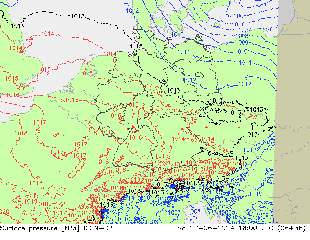 Presión superficial ICON-D2 sáb 22.06.2024 18 UTC