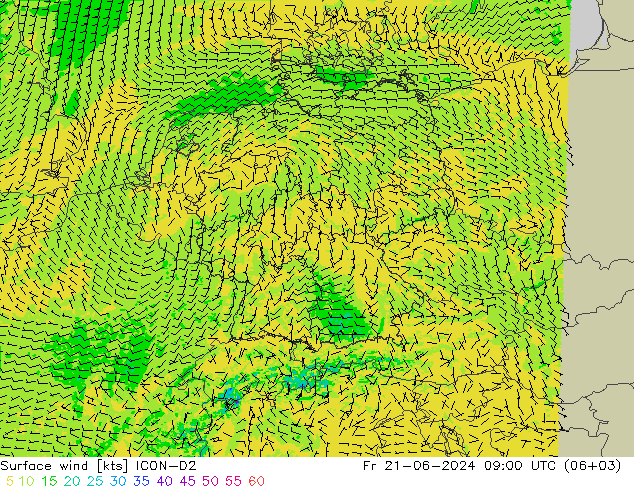 Viento 10 m ICON-D2 vie 21.06.2024 09 UTC