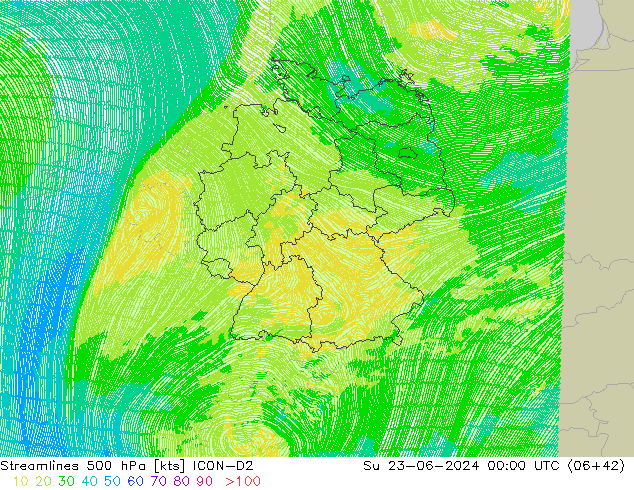 Línea de corriente 500 hPa ICON-D2 dom 23.06.2024 00 UTC