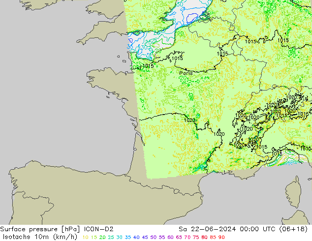 Isotaca (kph) ICON-D2 sáb 22.06.2024 00 UTC