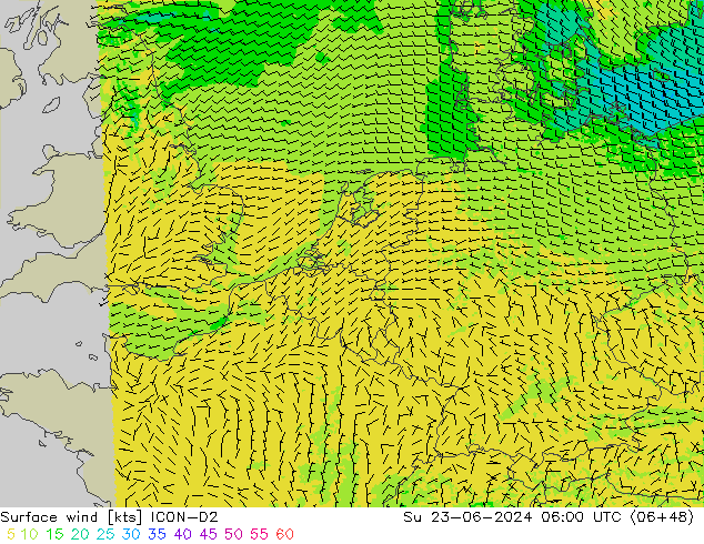 Viento 10 m ICON-D2 dom 23.06.2024 06 UTC