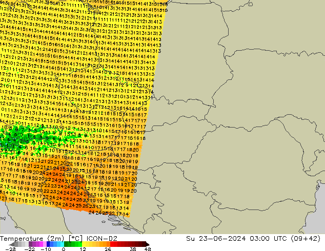 Temperatuurkaart (2m) ICON-D2 zo 23.06.2024 03 UTC