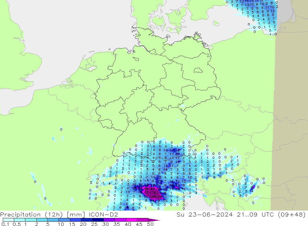 Yağış (12h) ICON-D2 Paz 23.06.2024 09 UTC