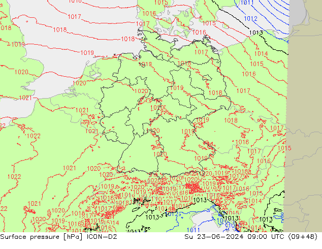 Luchtdruk (Grond) ICON-D2 zo 23.06.2024 09 UTC