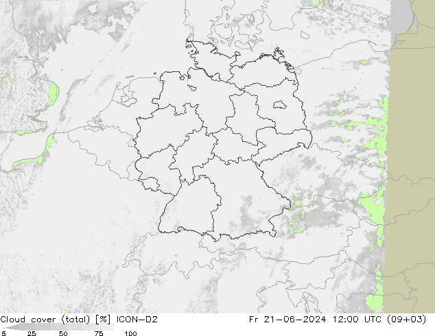 Cloud cover (total) ICON-D2 Fr 21.06.2024 12 UTC