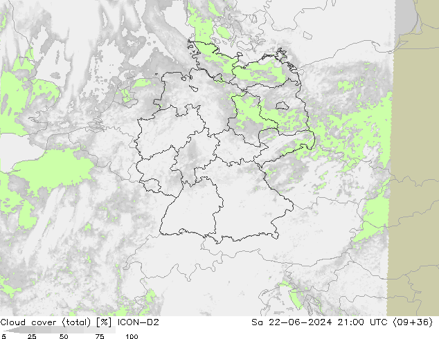 zachmurzenie (suma) ICON-D2 so. 22.06.2024 21 UTC