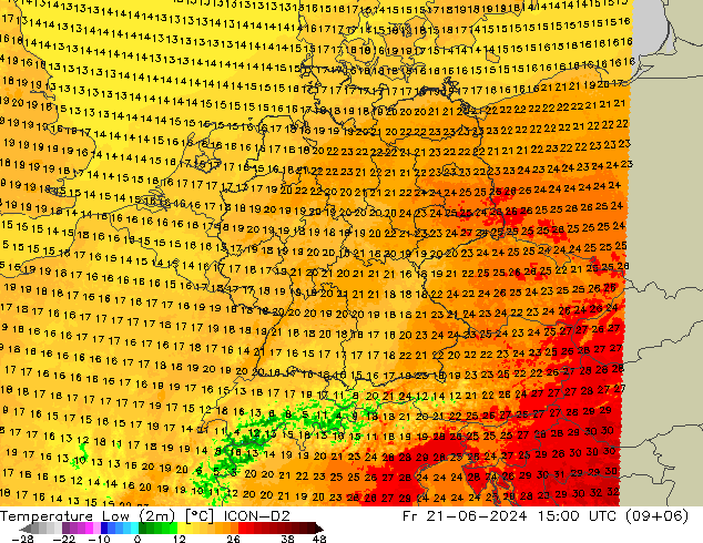 Temperature Low (2m) ICON-D2 Fr 21.06.2024 15 UTC