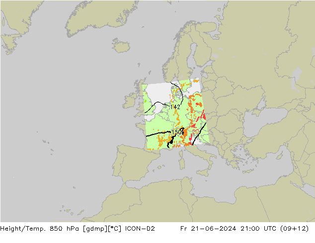 Height/Temp. 850 hPa ICON-D2 Fr 21.06.2024 21 UTC