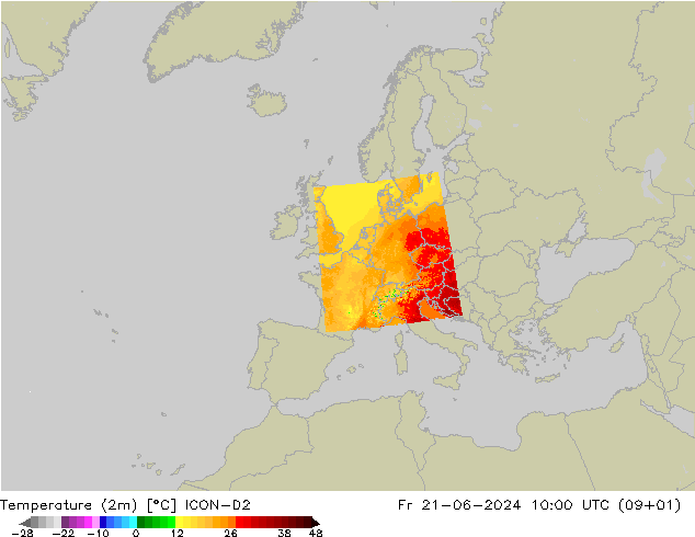 Temperaturkarte (2m) ICON-D2 Fr 21.06.2024 10 UTC