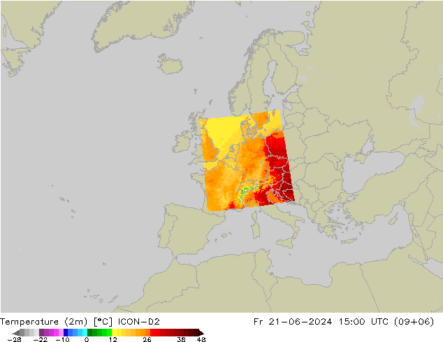 Temperatura (2m) ICON-D2 ven 21.06.2024 15 UTC