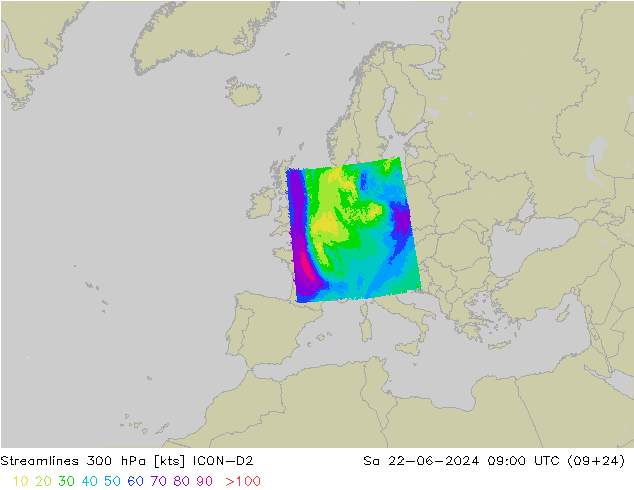 风 300 hPa ICON-D2 星期六 22.06.2024 09 UTC