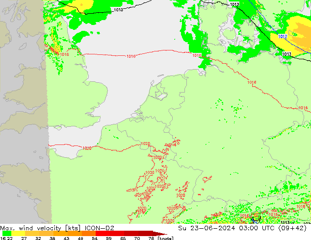 Max. wind velocity ICON-D2 Su 23.06.2024 03 UTC