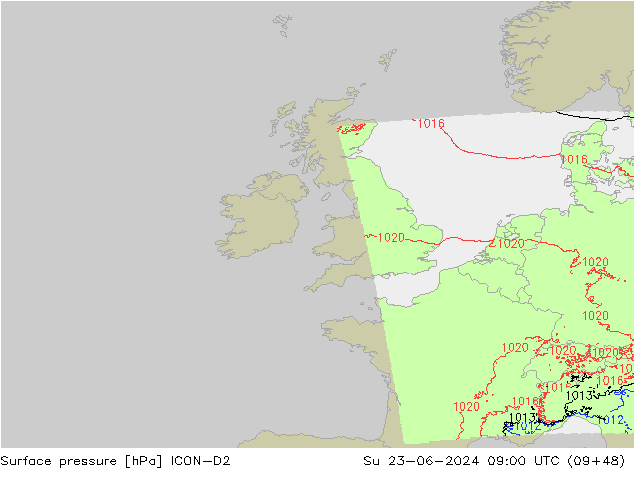 Luchtdruk (Grond) ICON-D2 zo 23.06.2024 09 UTC