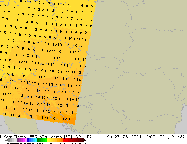 Height/Temp. 850 hPa ICON-D2 dom 23.06.2024 12 UTC