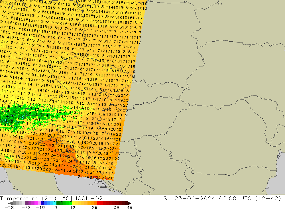 Temperatura (2m) ICON-D2 Dom 23.06.2024 06 UTC