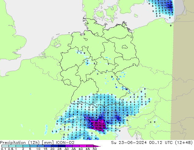 Precipitation (12h) ICON-D2 Su 23.06.2024 12 UTC