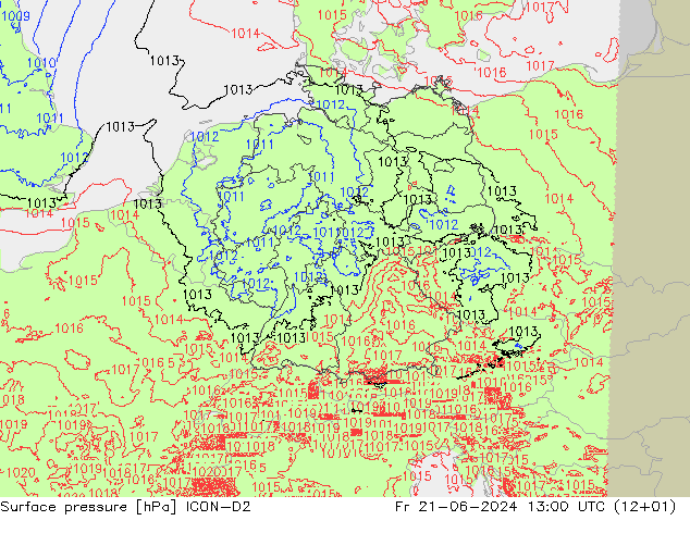 Pressione al suolo ICON-D2 ven 21.06.2024 13 UTC