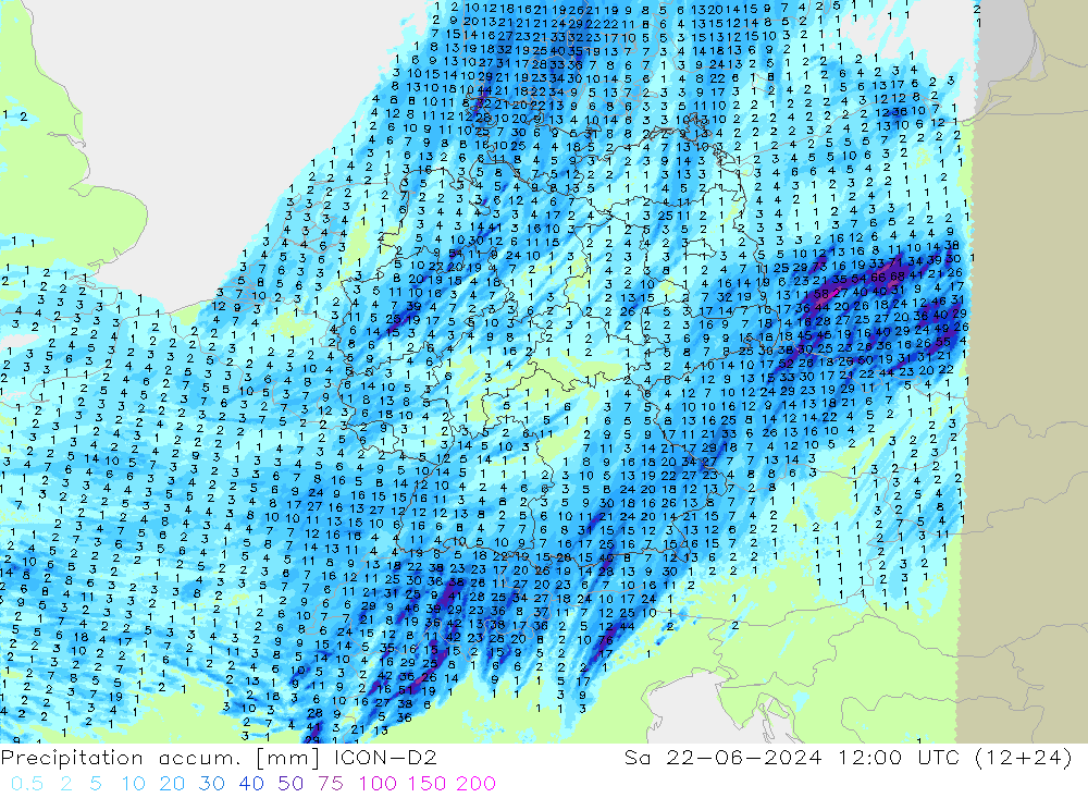 Precipitation accum. ICON-D2 sab 22.06.2024 12 UTC