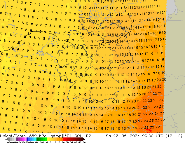 Geop./Temp. 850 hPa ICON-D2 sáb 22.06.2024 00 UTC