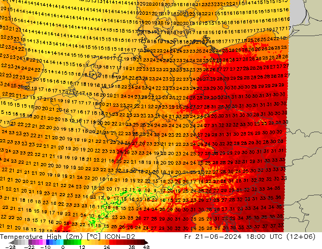 Temperature High (2m) ICON-D2 Fr 21.06.2024 18 UTC