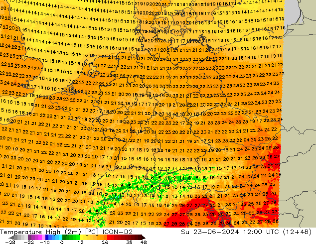 Temperature High (2m) ICON-D2 Su 23.06.2024 12 UTC