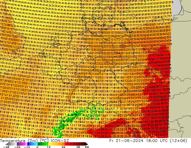 Temperatura (2m) ICON-D2 vie 21.06.2024 18 UTC