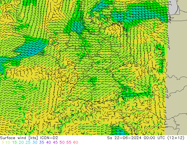 Wind 10 m ICON-D2 za 22.06.2024 00 UTC