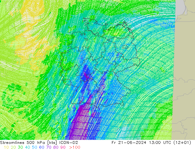 Linha de corrente 500 hPa ICON-D2 Sex 21.06.2024 13 UTC