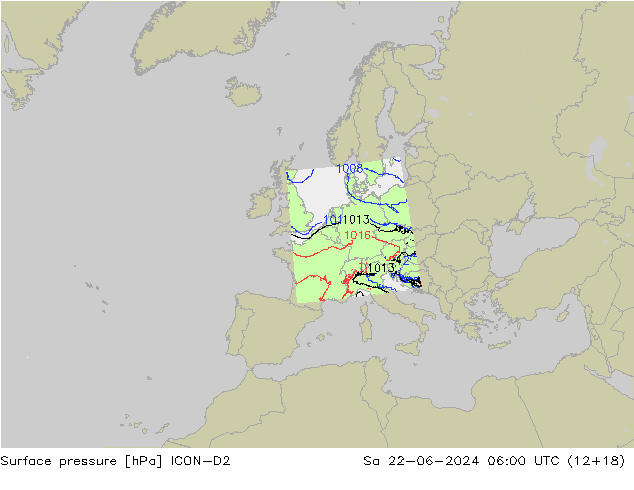 Presión superficial ICON-D2 sáb 22.06.2024 06 UTC